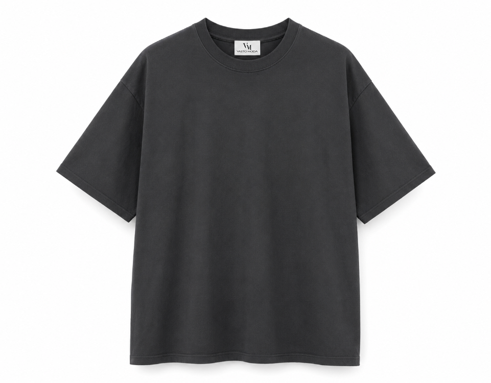 Erkek Tam Oversize Kalıp Kalın Dokulu %100 Organik Pamuk Bisiklet Ribana Yakalı Füme T-Shirt