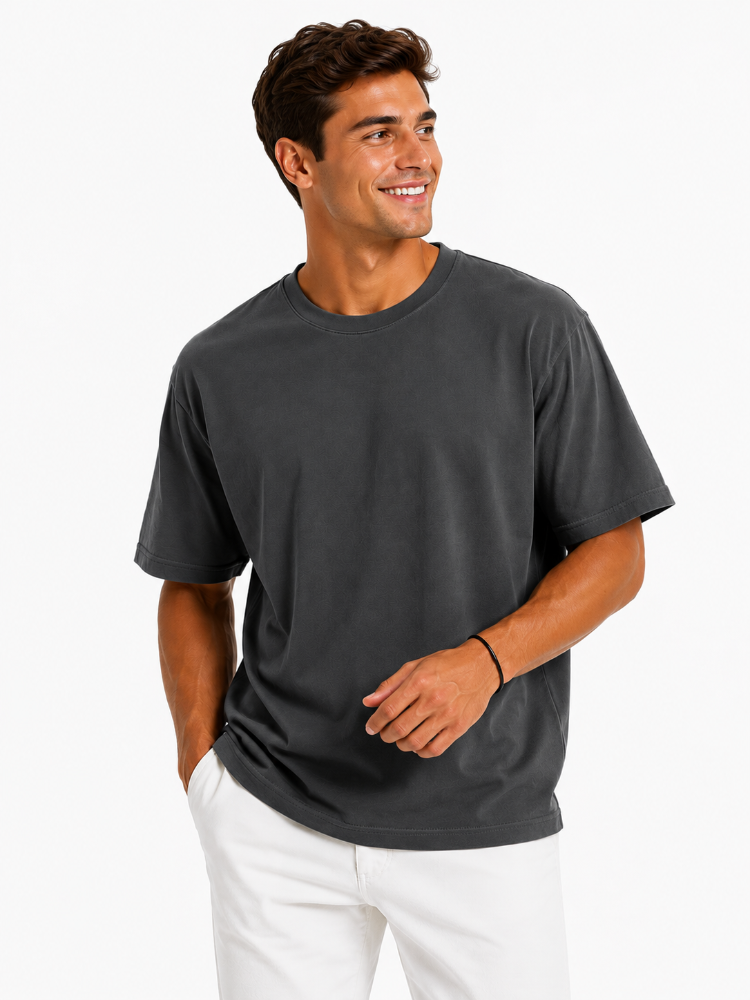 Erkek Tam Oversize Kalıp Kalın Dokulu %100 Organik Pamuk Bisiklet Ribana Yakalı Füme T-Shirt