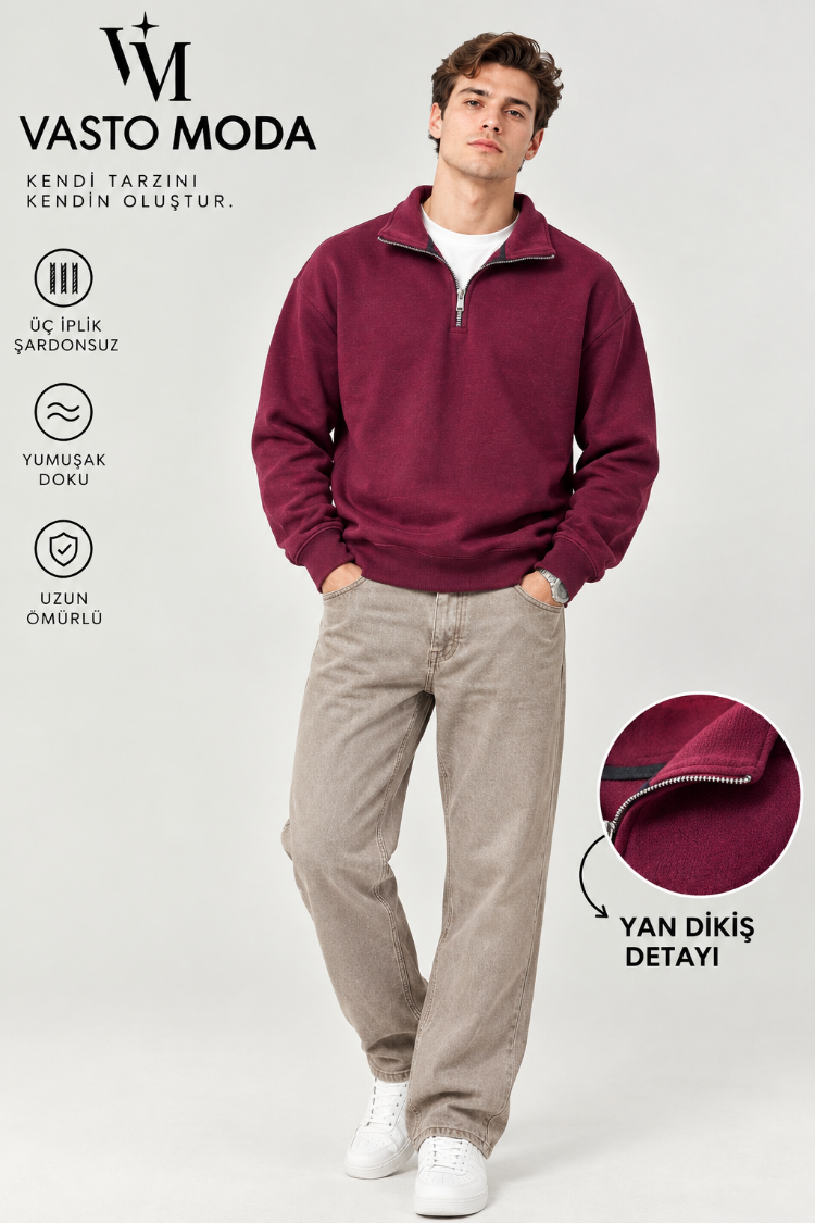 Vasto Moda Erkek Oversize Kalın Dokulu 3 İplik Şardonsuz Bisiklet Yakalı Basic Yarım Fermua