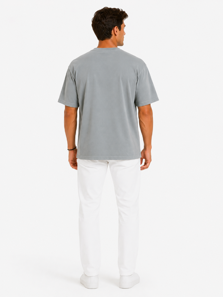 Erkek Tam Oversize Kalıp Kalın Dokulu %100 Pamuk Bisiklet Ribana Yakalı Açık Gri T-Shirt