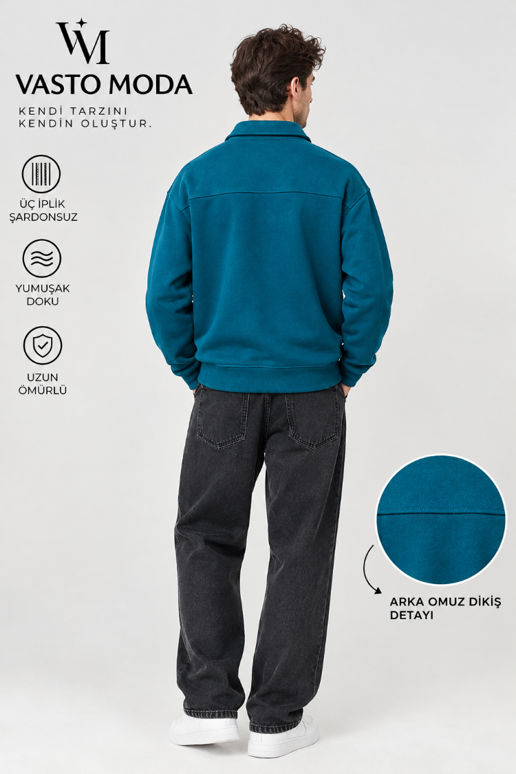 Vasto Moda Erkek Oversize Kalın Dokulu 3 İplik Kaşkorse Bisiklet Yakalı Basic Yarım Fermua