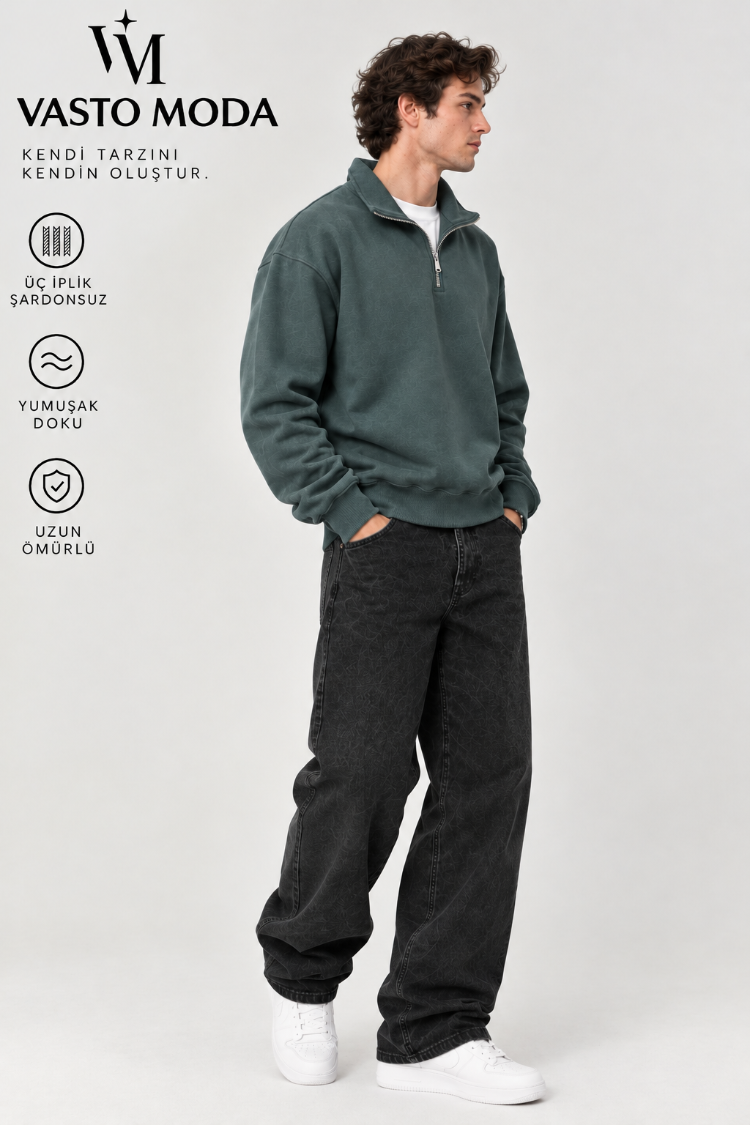 Vasto Moda Erkek Oversize Kalın Dokulu 3 İplik Şardonsuz Bisiklet Yakalı Basic Yarım Fermua