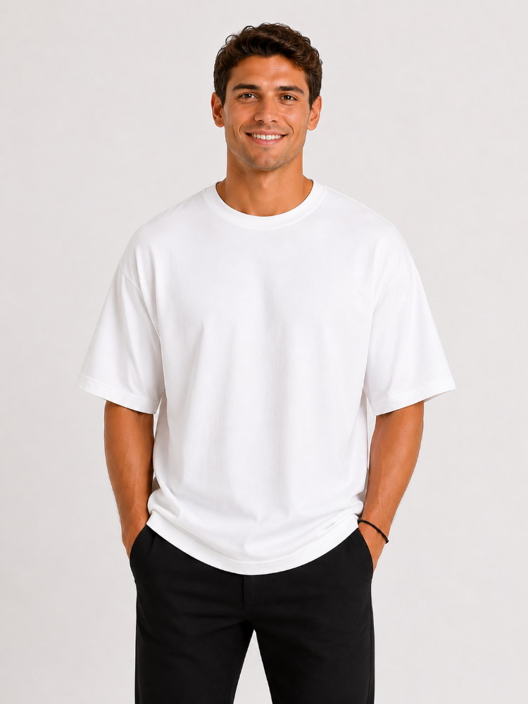 Erkek Oversize Kalın Dokulu %100 Organik Pamuk Bisiklet Ribana Yakalı Beyaz T-Shirt