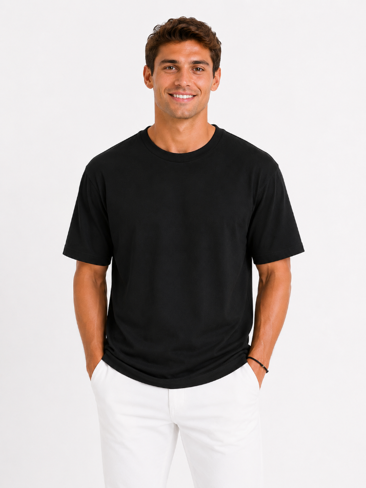 Erkek Oversize Kalın Dokulu %100 Organik Pamuk Bisiklet Ribana Yakalı Siyah T-Shirt