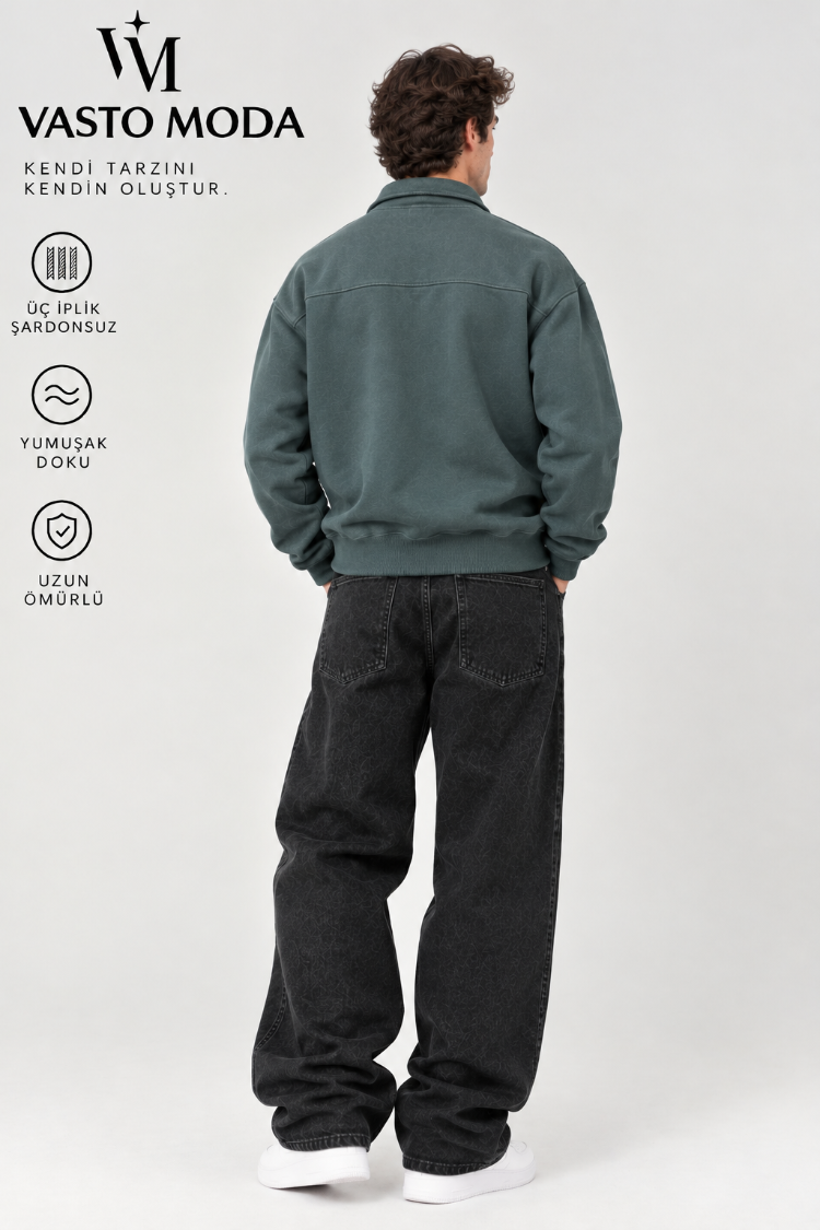 Vasto Moda Erkek Oversize Kalın Dokulu 3 İplik Şardonsuz Bisiklet Yakalı Basic Yarım Fermua