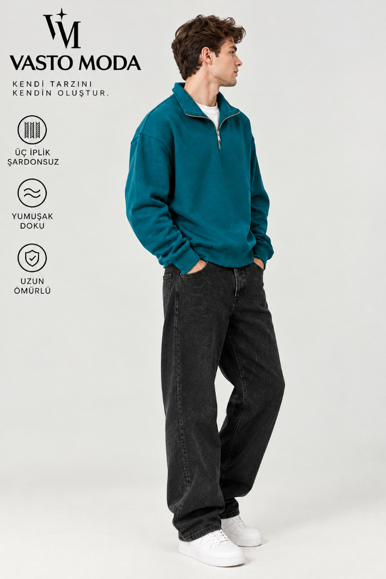 Vasto Moda Erkek Oversize Kalın Dokulu 3 İplik Kaşkorse Bisiklet Yakalı Basic Yarım Fermua