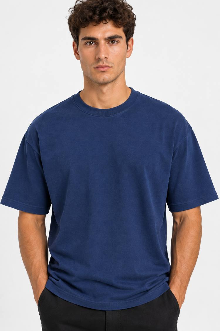 Erkek Oversize Kalın Dokulu %100 Organik Pamuk Bisiklet Ribana Yakalı Lacivert T-Shirt