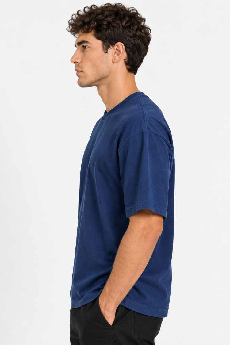 Erkek Oversize Kalın Dokulu %100 Organik Pamuk Bisiklet Ribana Yakalı Lacivert T-Shirt