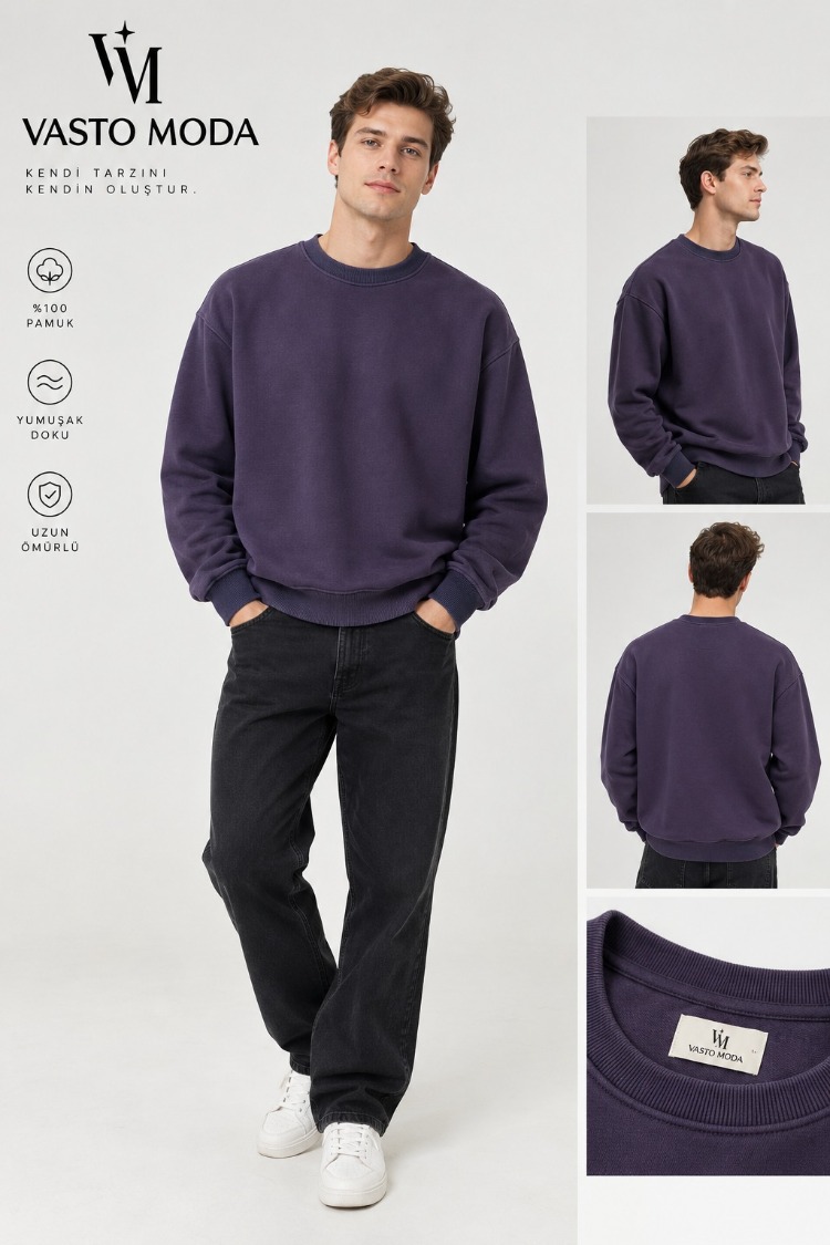 Erkek Oversize Kalın Dokulu 3 İplik Şardonsuz Ribanalı Bisiklet Yakalı Basic Mor Sweatshirt