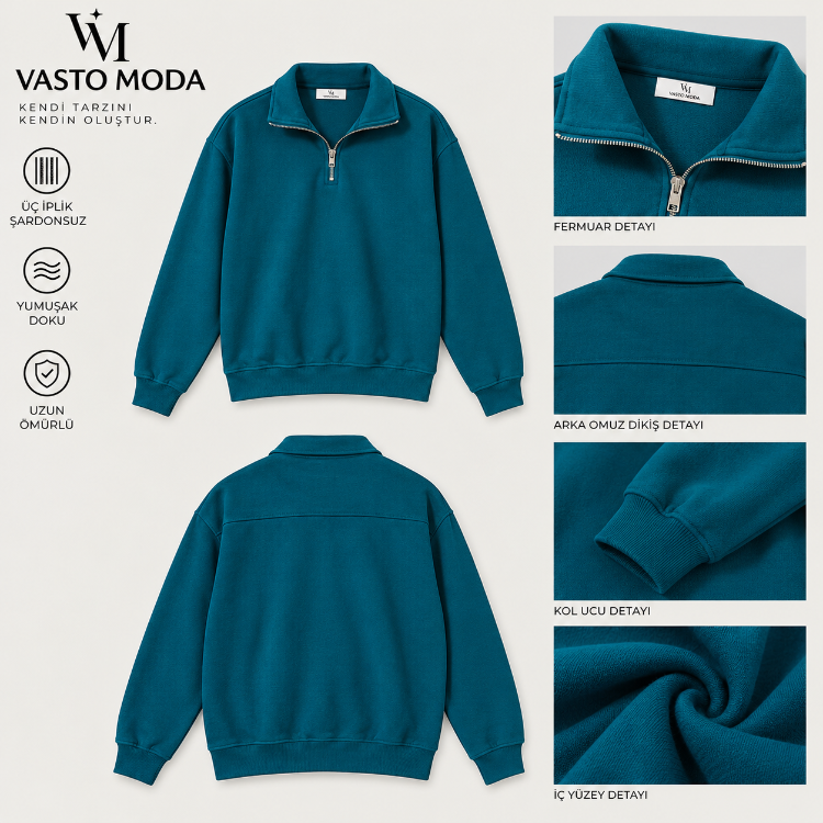 Vasto Moda Erkek Oversize Kalın Dokulu 3 İplik Kaşkorse Bisiklet Yakalı Basic Yarım Fermua