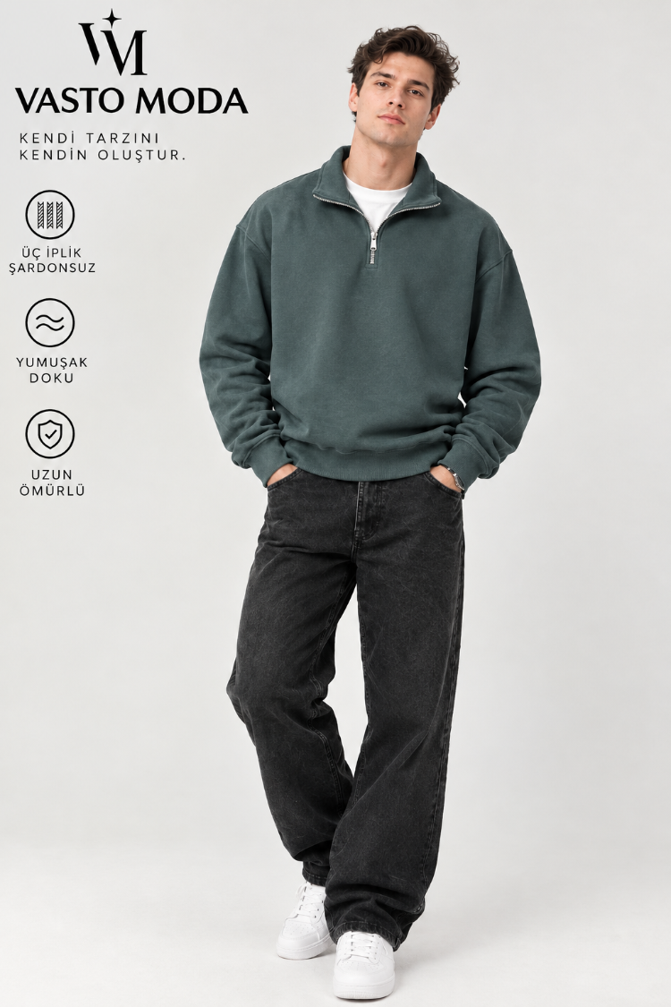 Vasto Moda Erkek Oversize Kalın Dokulu 3 İplik Şardonsuz Bisiklet Yakalı Basic Yarım Fermua