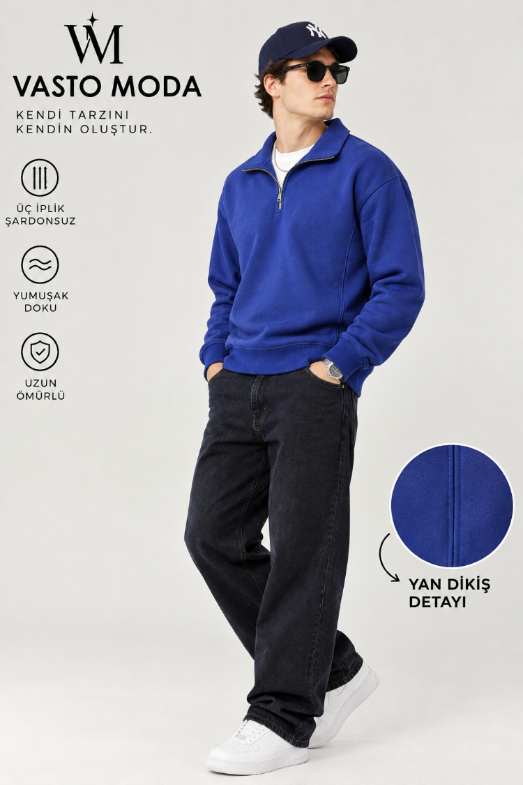 Vasto Moda Erkek Oversize Kalın Dokulu 3 İplik Şardonsuz Bisiklet Yakalı Basic Yarım Fermua