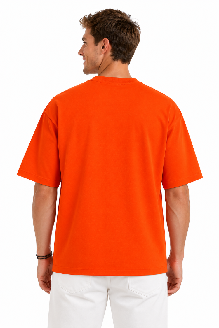 Erkek Oversize Kalın Dokulu %100 Organik Pamuk Bisiklet Ribana Yakalı Turuncu T-Shirt