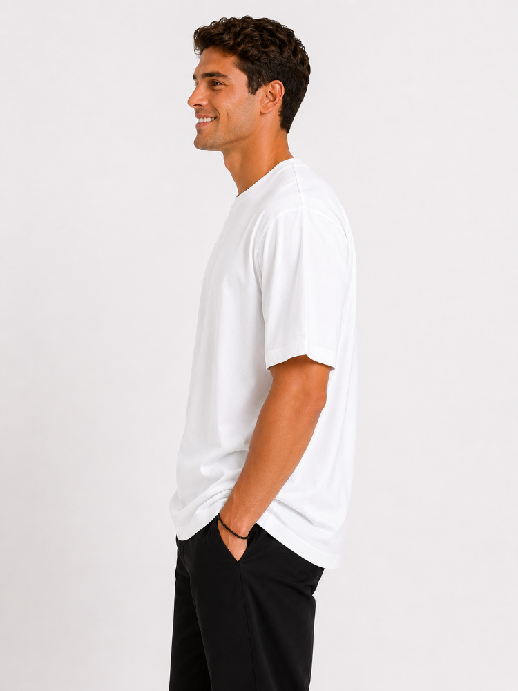 Erkek Oversize Kalın Dokulu %100 Organik Pamuk Bisiklet Ribana Yakalı Beyaz T-Shirt