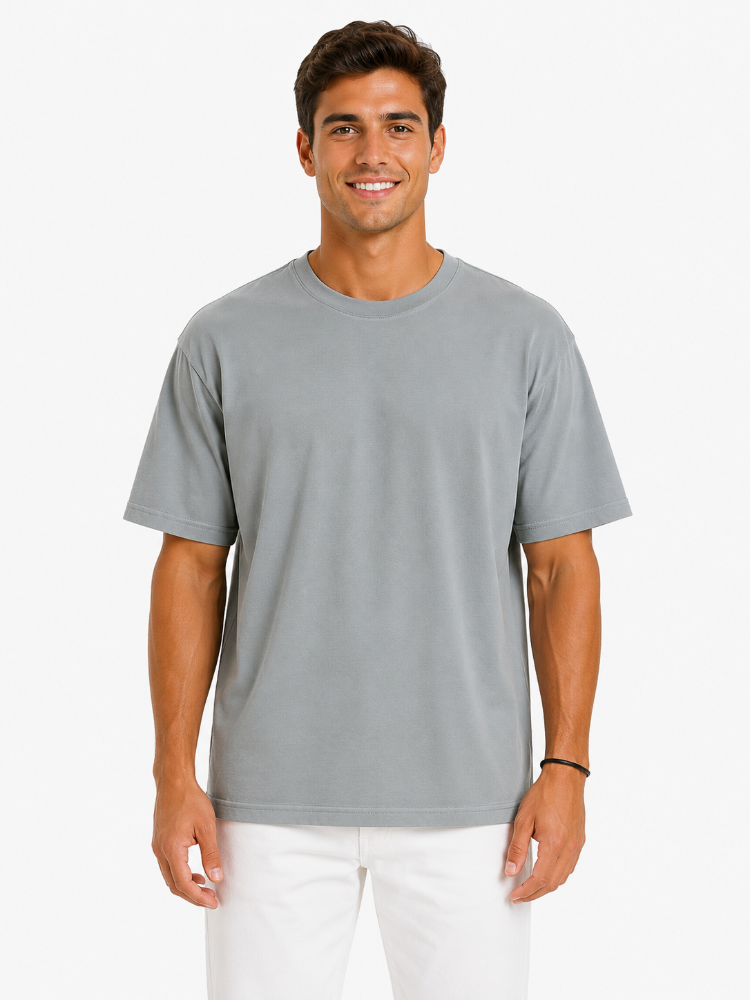 Erkek Tam Oversize Kalıp Kalın Dokulu %100 Pamuk Bisiklet Ribana Yakalı Açık Gri T-Shirt