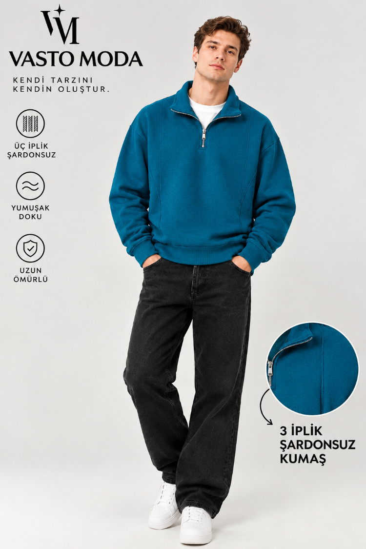 Vasto Moda Erkek Oversize Kalın Dokulu 3 İplik Kaşkorse Bisiklet Yakalı Basic Yarım Fermua