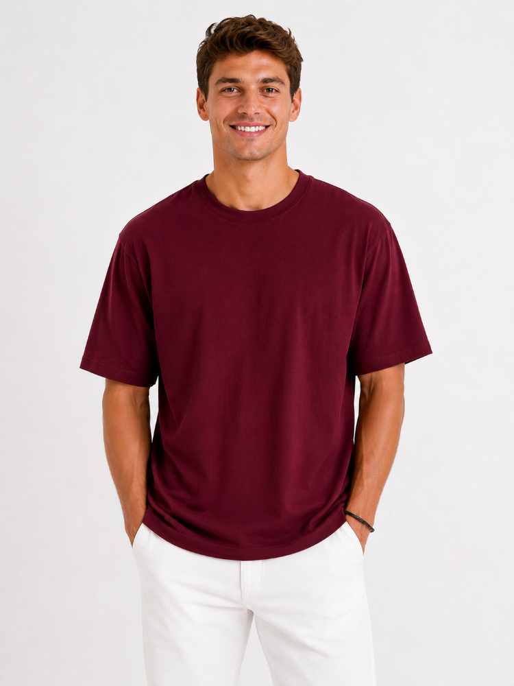 Erkek Oversize Kalın Dokulu %100 Organik Pamuk Bisiklet Ribana Yakalı Bordo T-Shirt