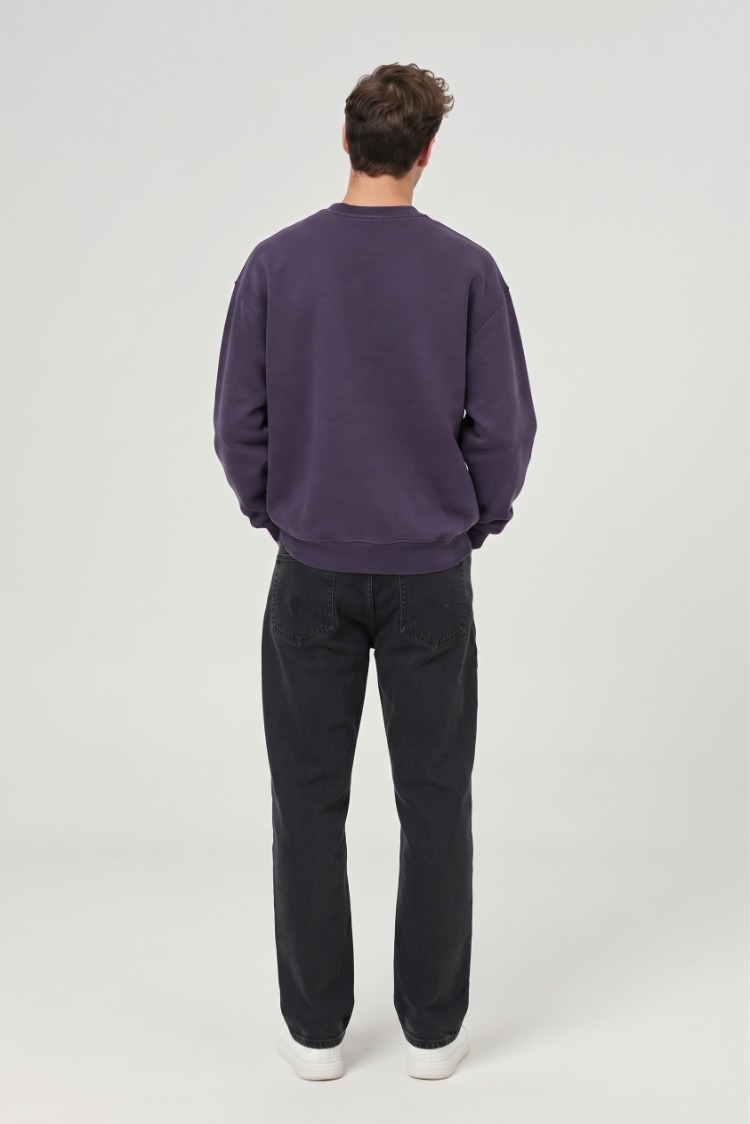 Erkek Oversize Kalın Dokulu 3 İplik Şardonsuz Ribanalı Bisiklet Yakalı Basic Mor Sweatshirt