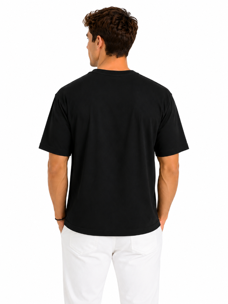 Erkek Oversize Kalın Dokulu %100 Organik Pamuk Bisiklet Ribana Yakalı Siyah T-Shirt