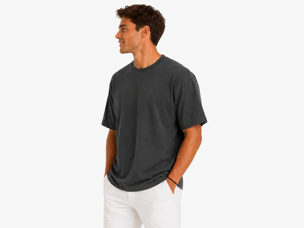 Erkek Tam Oversize Kalıp Kalın Dokulu %100 Organik Pamuk Bisiklet Ribana Yakalı Füme T-Shirt