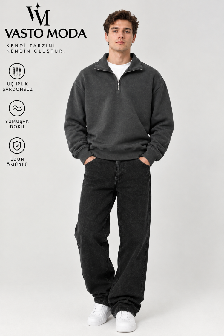 Vasto Moda Erkek Oversize Kalın Dokulu 3 İplik Şardonsuz Bisiklet Yakalı Basic Yarım Fermua