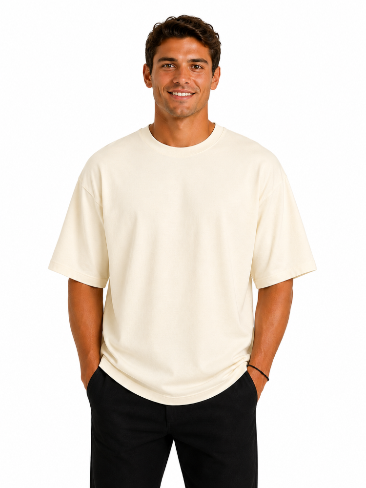 Erkek Oversize Kalın Dokulu %100 Organik Pamuk Bisiklet Ribana Yakalı Ekru T-Shirt