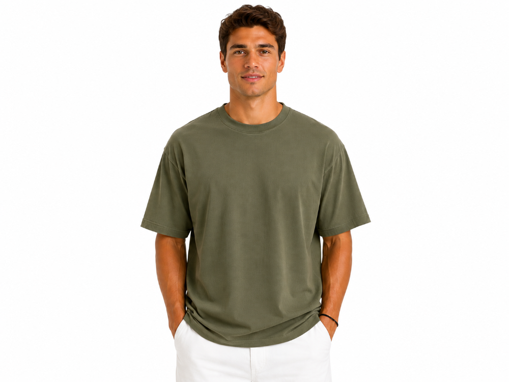 Erkek Tam Oversize Kalıp Kalın Dokulu %100 Organik Pamuk Bisiklet Ribana Yakalı Haki T-Shirt