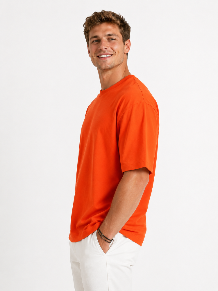 Erkek Oversize Kalın Dokulu %100 Organik Pamuk Bisiklet Ribana Yakalı Turuncu T-Shirt