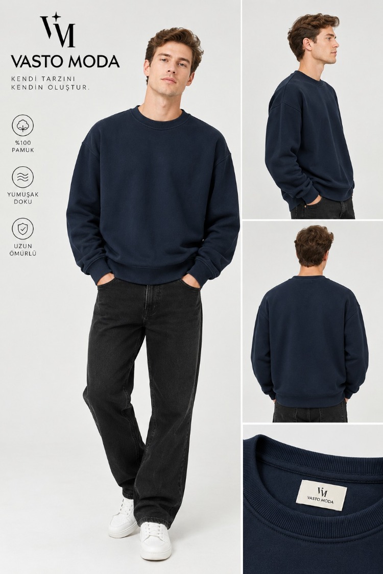 Erkek Oversize Kalın Dokulu 3 İplik Şardonsuz Bisiklet Yakalı Basic Lacivert Sweatshirt