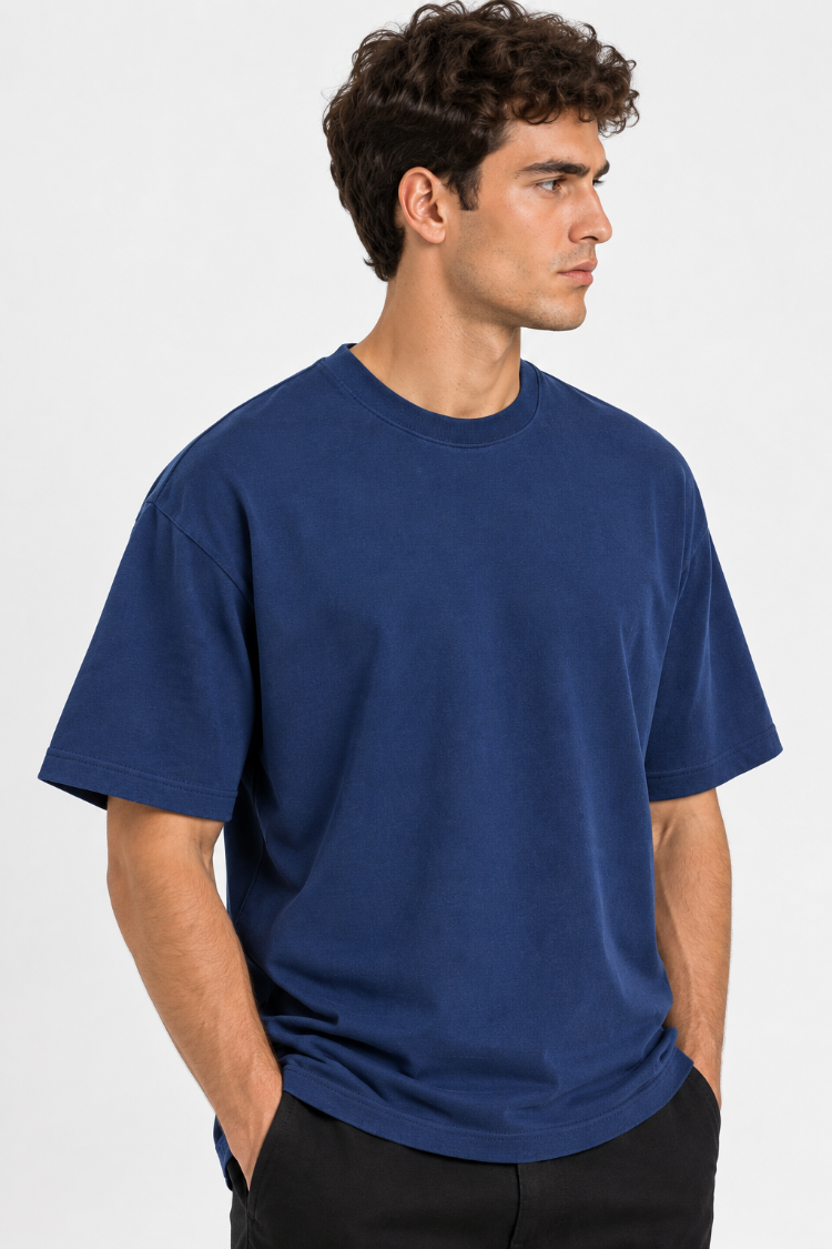 Erkek Oversize Kalın Dokulu %100 Organik Pamuk Bisiklet Ribana Yakalı Lacivert T-Shirt