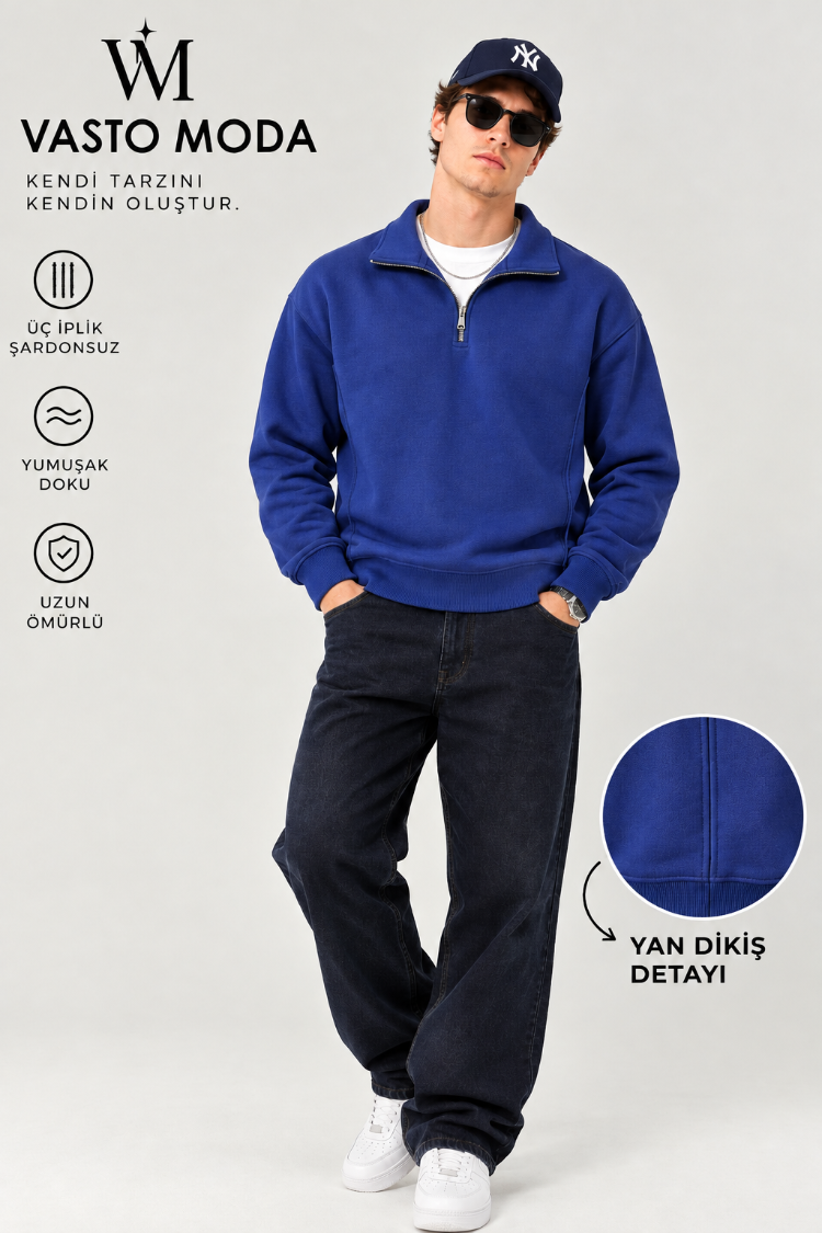 Vasto Moda Erkek Oversize Kalın Dokulu 3 İplik Şardonsuz Bisiklet Yakalı Basic Yarım Fermua