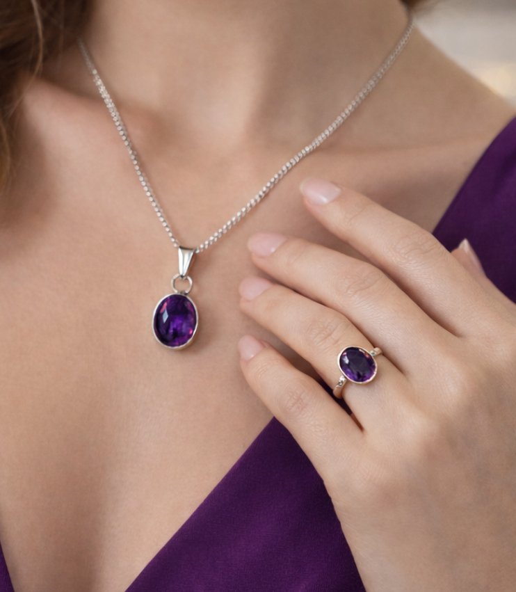 Hand made, ametist taşlı gümüş set