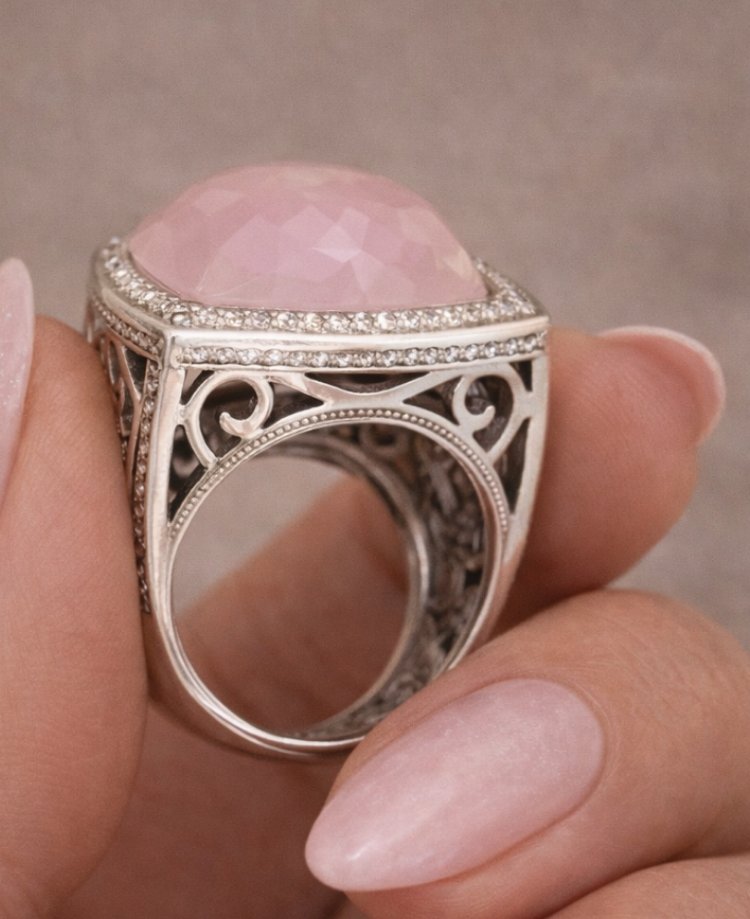 925 ayar gümüş,pembe kuvars taşlı yüzük