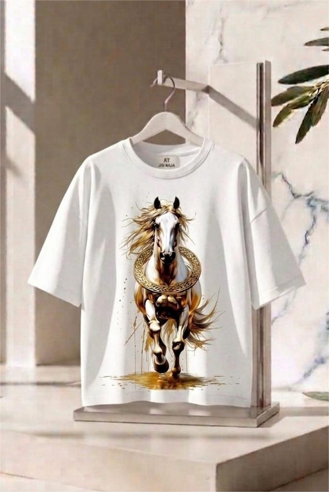  Oversize Tişört -Türk Mitolojisi Unisex At Figürlü  - %100 Pamuk