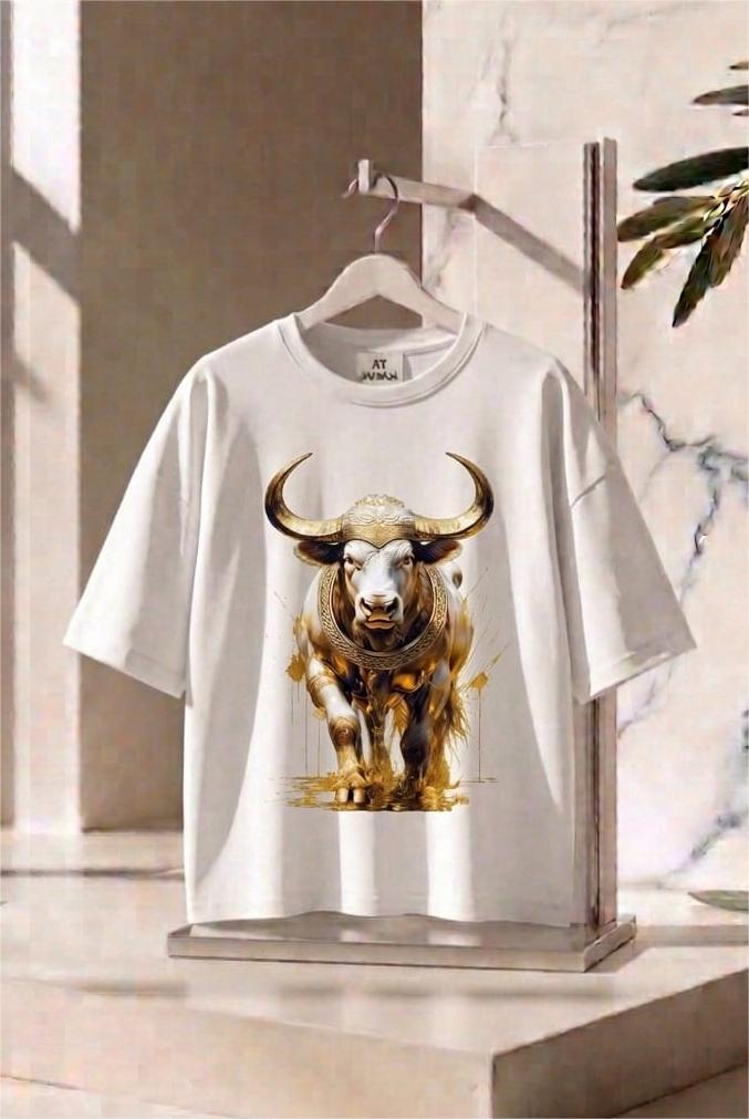 Oversize Tişört -Türk Mitolojisi Unisex Akboğa Figürlü  - %100 Pamuk