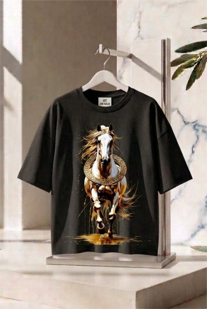  Oversize Tişört -Türk Mitolojisi Unisex At Figürlü  - %100 Pamuk