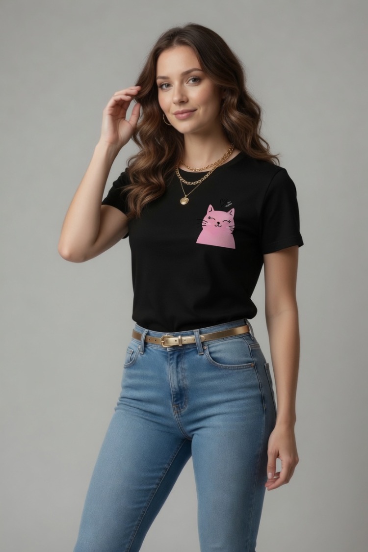 Oversize Kadın Tişört -  Sevimli Kedi Figürlü Minimalist Tasarım - %100 Pamuk