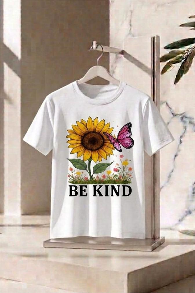 Oversize Tişört - "Be Kind" Temalı Kadın - %100 Pamuk