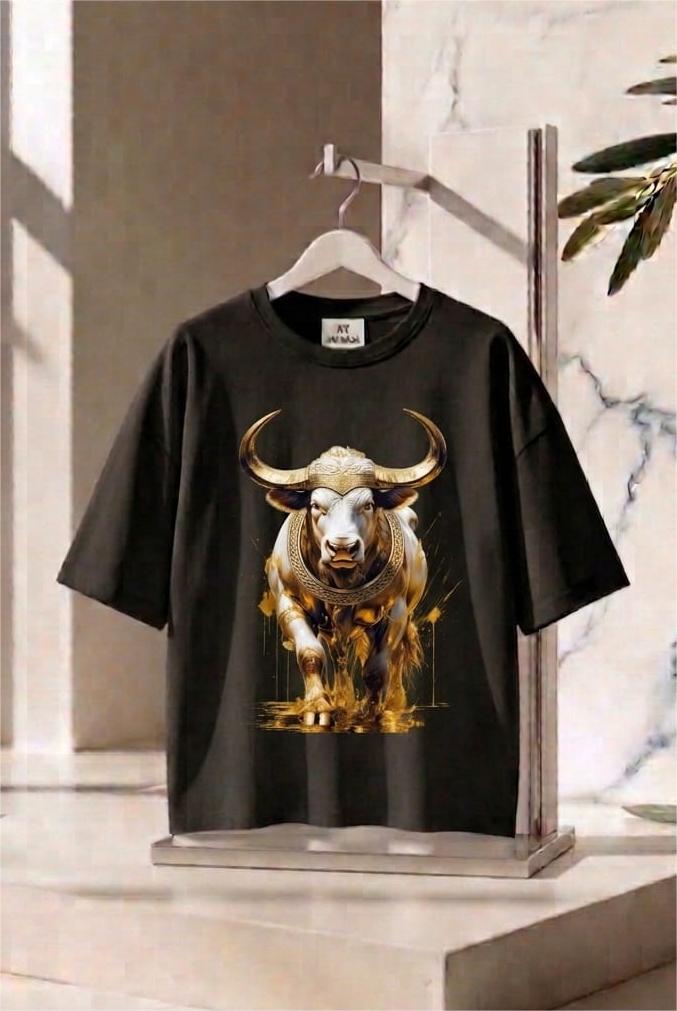 Oversize Tişört -Türk Mitolojisi Unisex Akboğa Figürlü  - %100 Pamuk