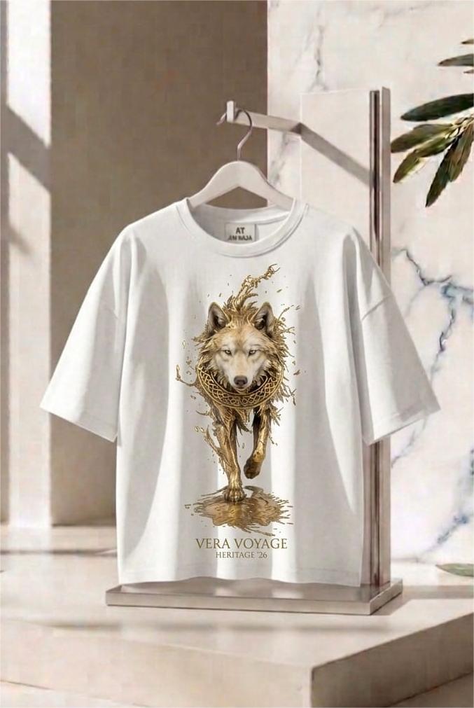 Oversize Tişört -Türk Mitolojisi Kurt Figürlü  Unisex  - %100 Pamuk