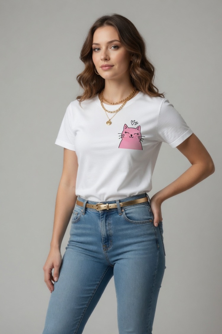 Oversize Kadın Tişört -  Sevimli Kedi Figürlü Minimalist Tasarım - %100 Pamuk