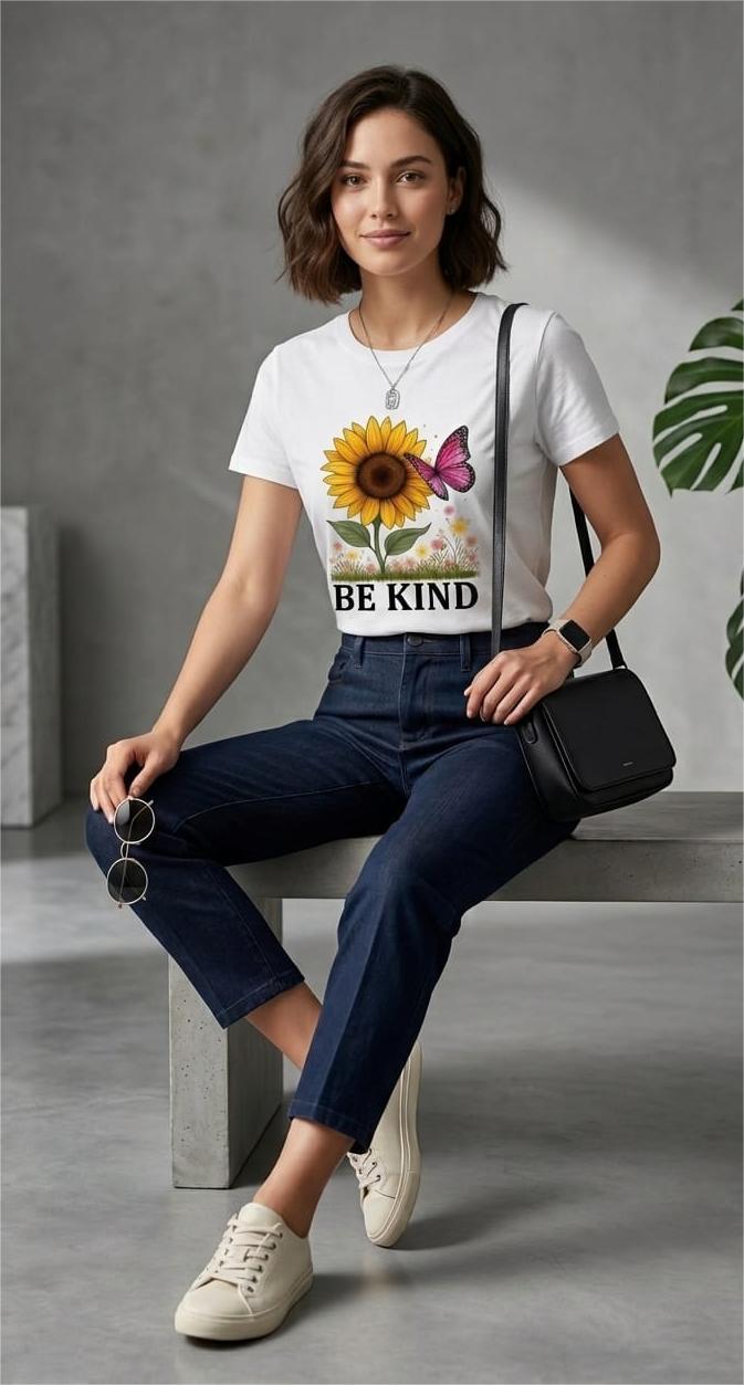 Oversize Tişört - "Be Kind" Temalı Kadın - %100 Pamuk