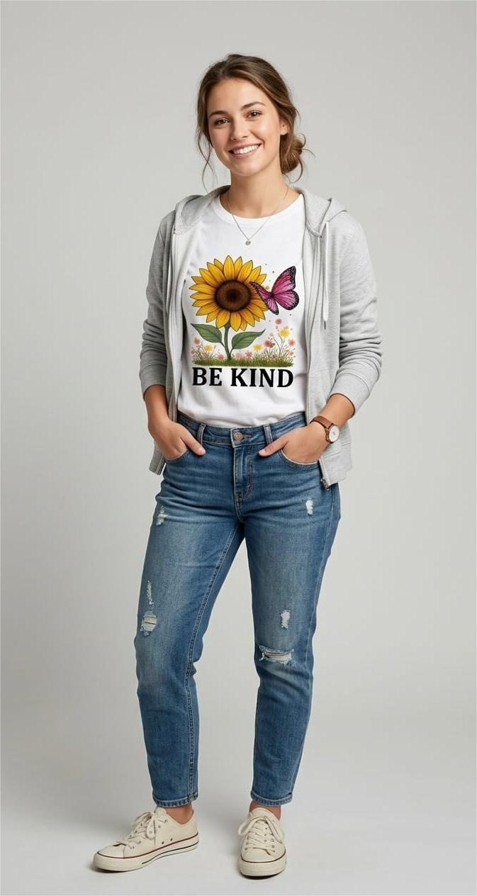 Oversize Tişört - "Be Kind" Temalı Kadın - %100 Pamuk