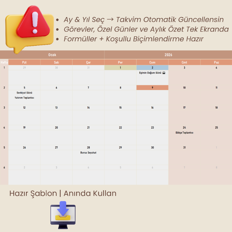 Excel'de Dinamik Takvim&Ajanda