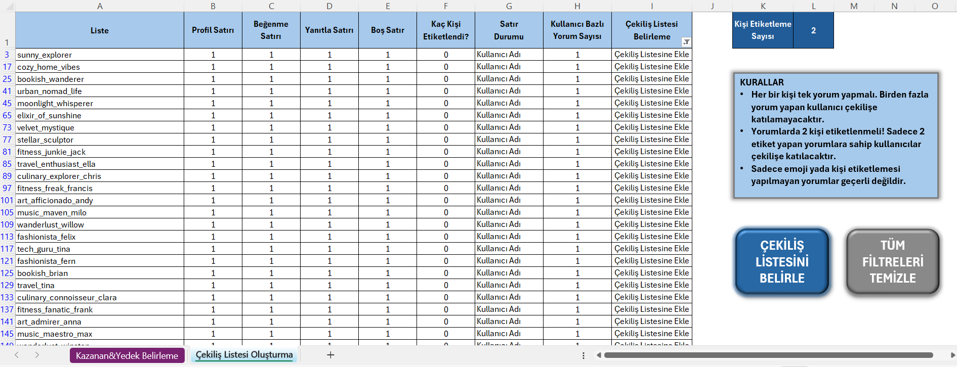 EXCEL'DE INSTAGRAM ÇEKİLİŞ PROGRAMI