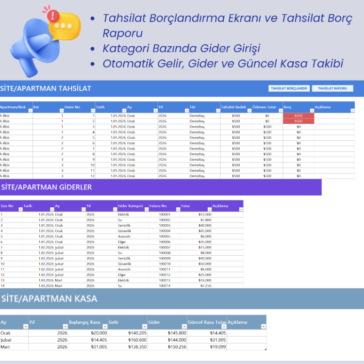 Excel Site/Apartman Aidat Yönetim Programı