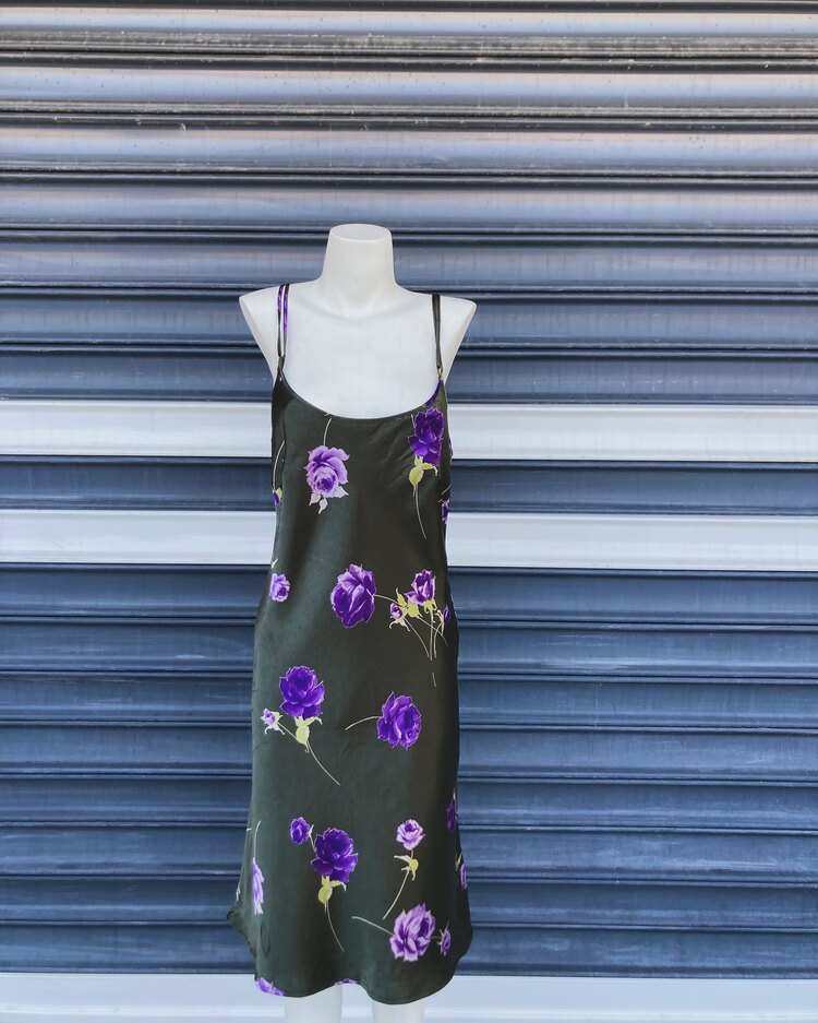 Vintage Saten Çiçekli Midi Elbise