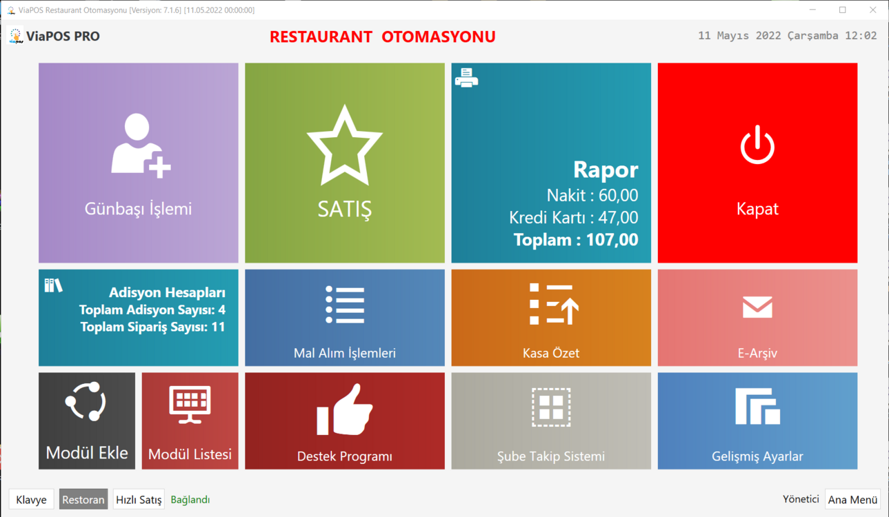 ViaPOS Restaurant Programı Ana Modül