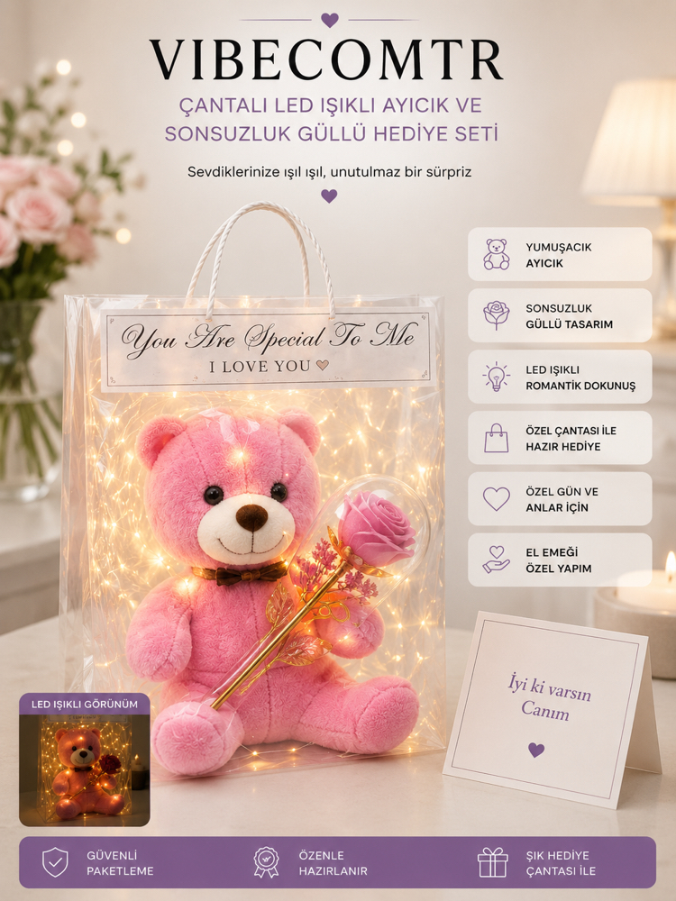 Çantalı ayıcık+Sonsuzluk gülü +Led ışıklı Set