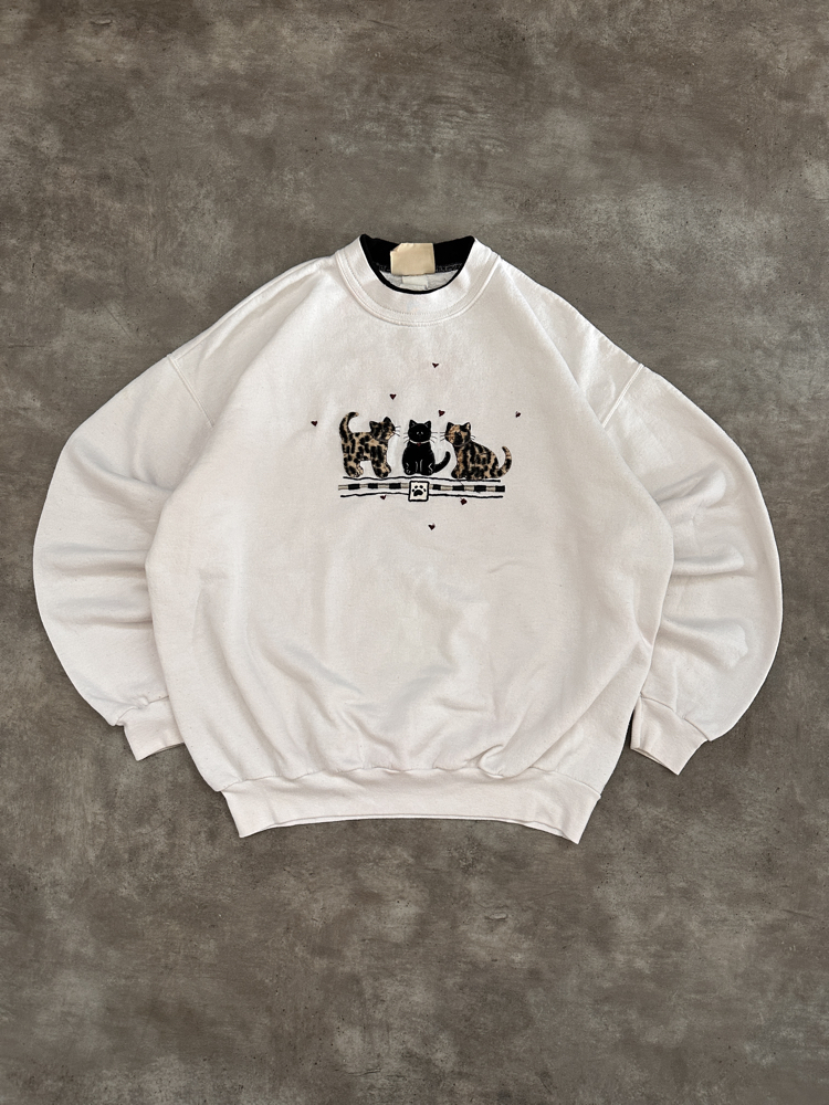 Vintage Kedi Nakışlı Sweatshirt (M)